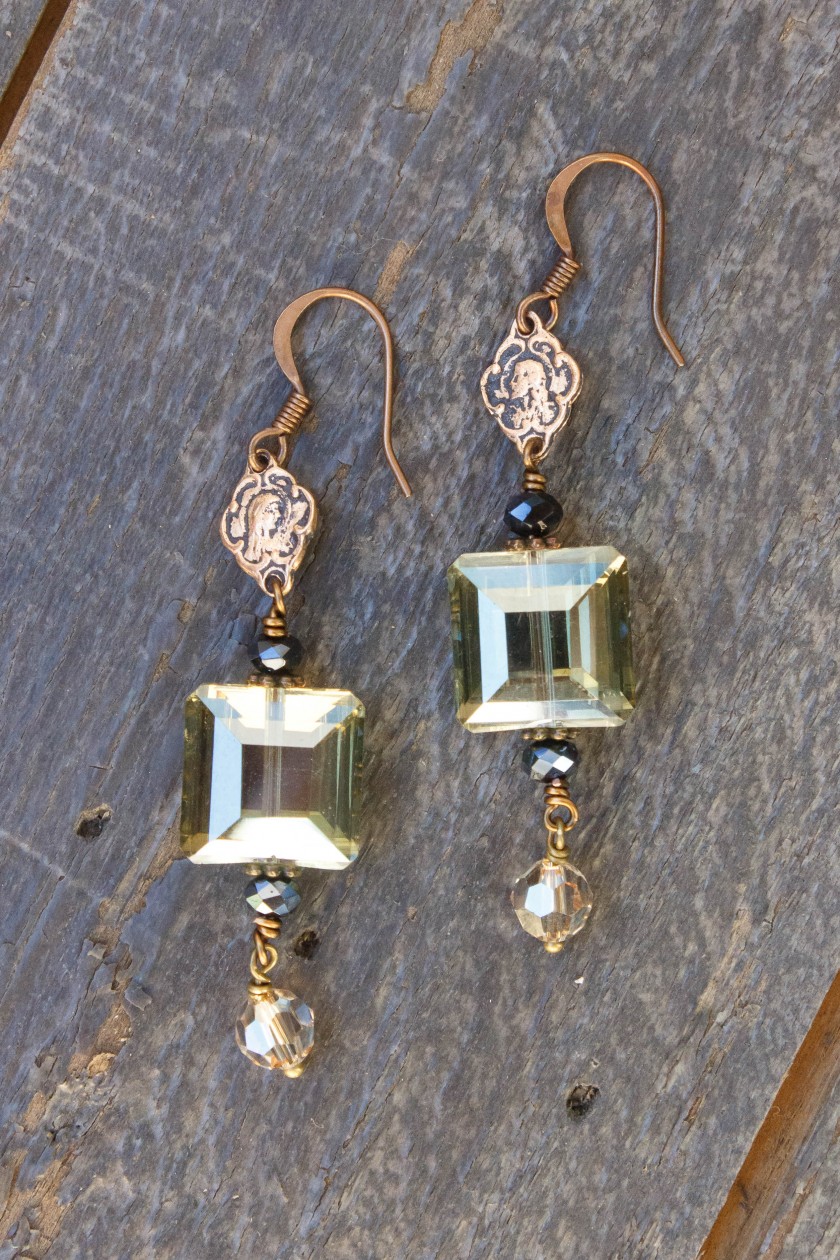 Olive, Champagne and Charcoal Crystal Earrings