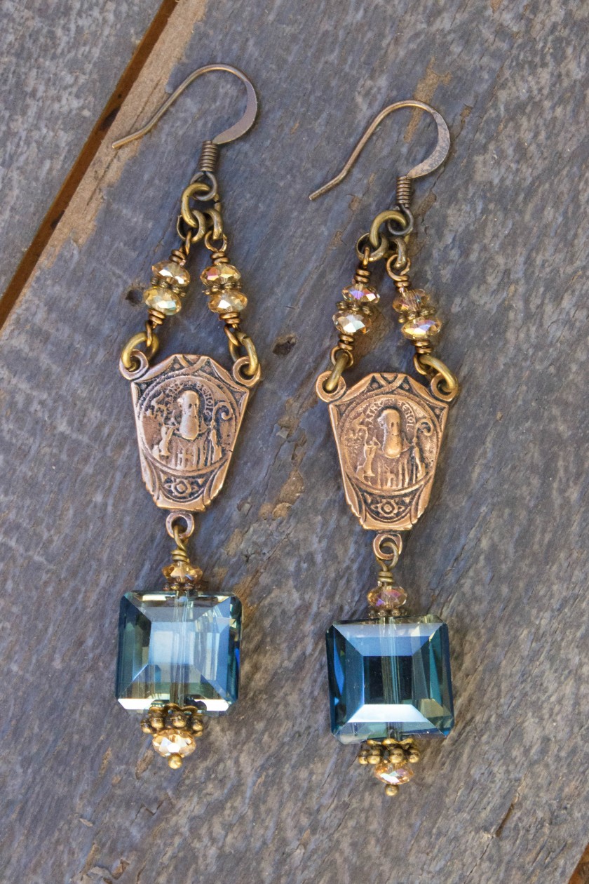 Blue and Champagne Crystal Earrings