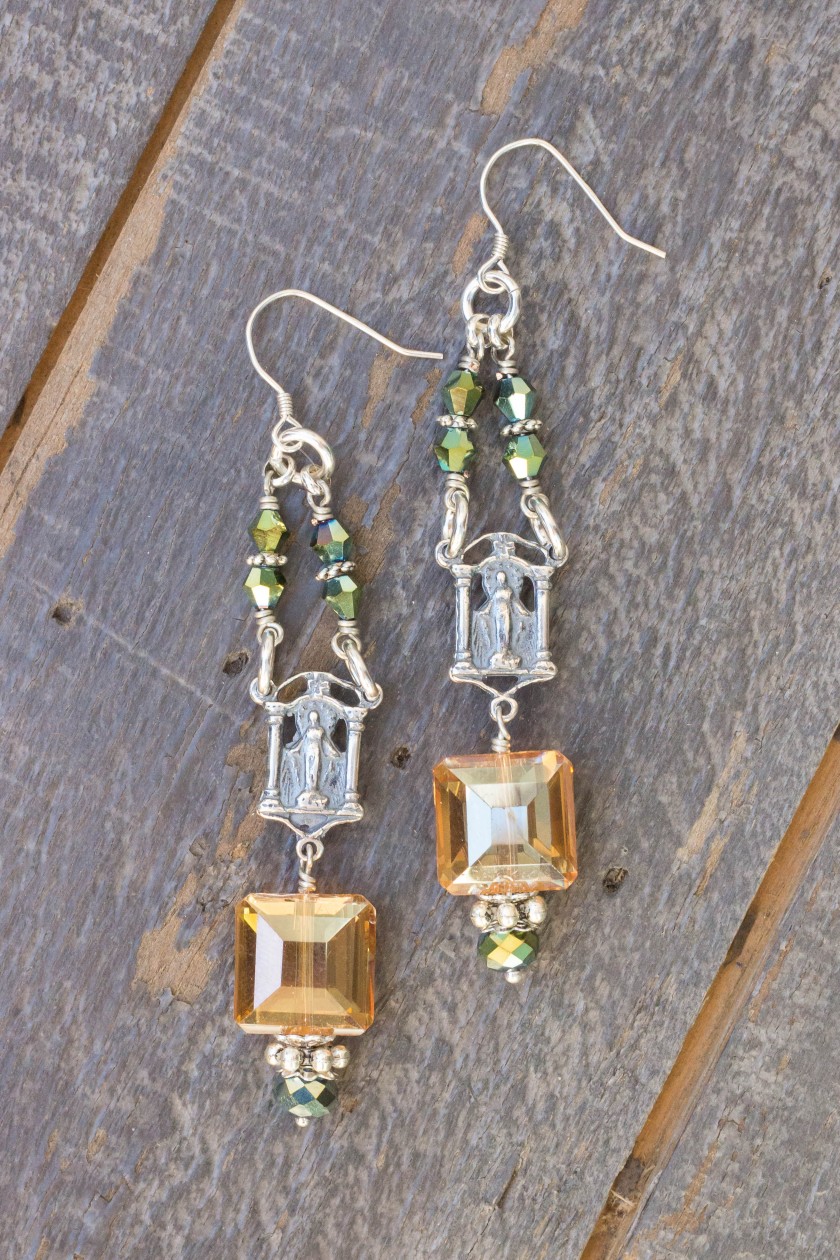 Dark Champagne and Aqua Asian Crystal Earrings – Our Lady of Grace